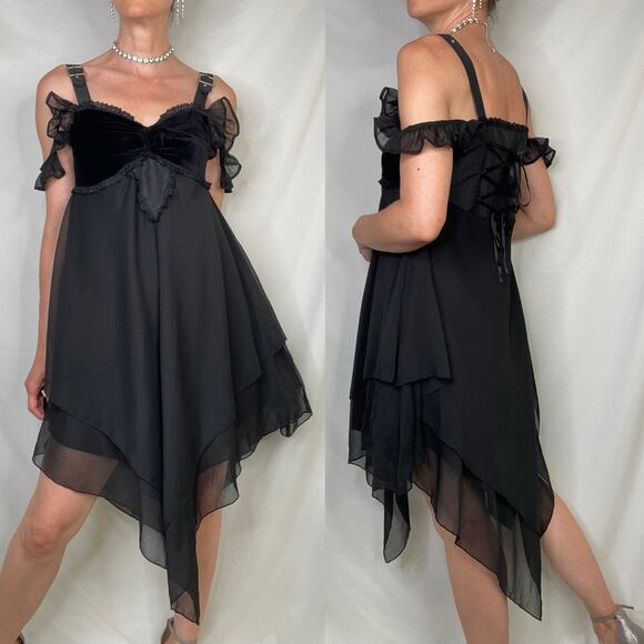 Funhouse gothic corset lace-up midi‎ dress ruffle buckle sleeve whimsigoth goth - Picture 15 of 15